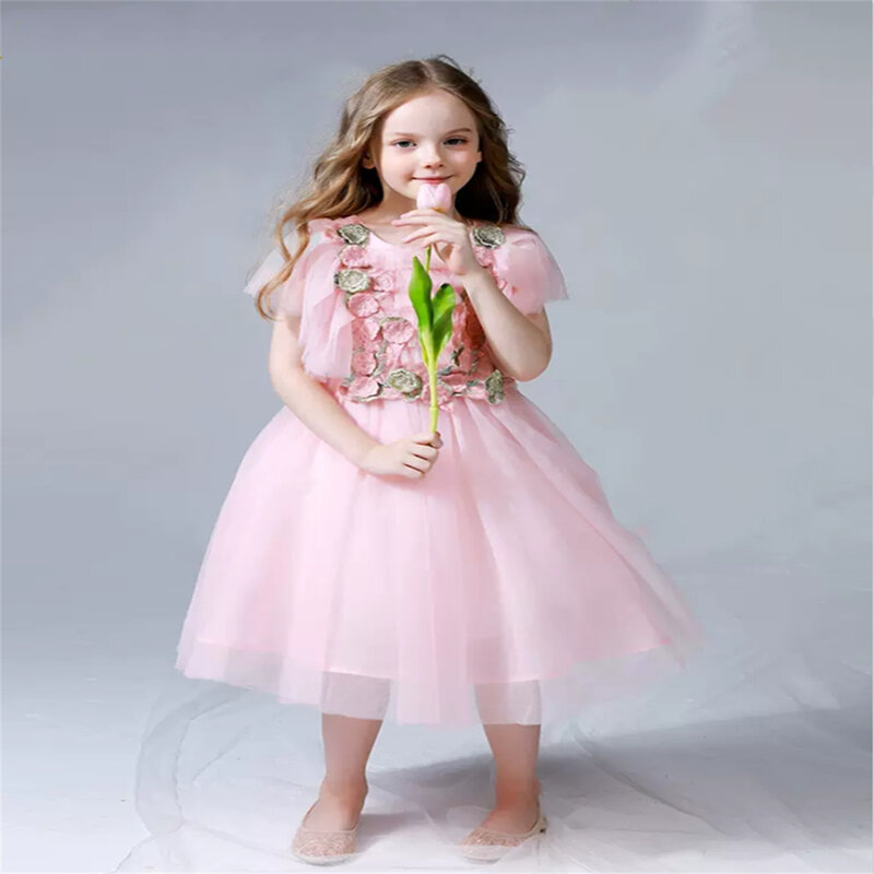 Pink Tulle Puffy Long Sleeve Applique Flower Girl Dress For Wedding Child Holy Communion Birthday Party Princess Ball Gown