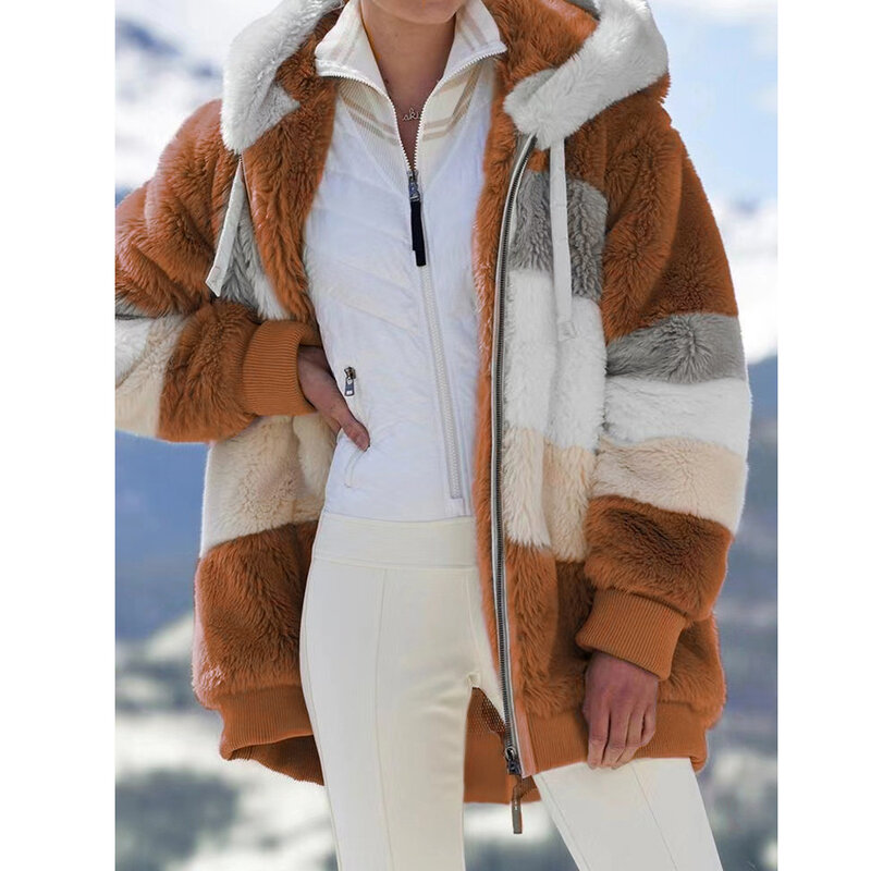 Mantel wanita ukuran besar, mantel Luaran wanita kasmir ritsleting longgar bersaku bertudung untuk musim gugur dan dingin 2023