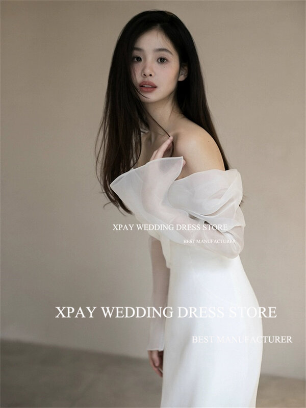 XPAY Off The Shoulder Korea Mermaid Wedding Dresses Long Flare Sleeve Bridal Gown Photos Shoot Corset Backless Pleat Bride Dress