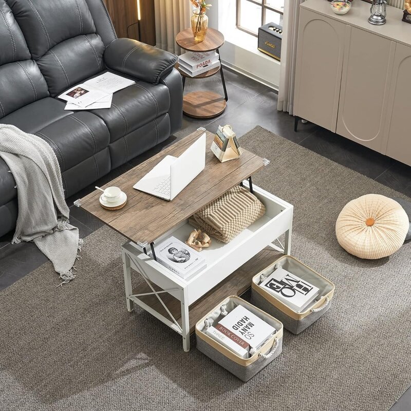 Small Modern Coffee Table for Small Space in Minimalistic Style 36" Lift Top Coffee Table With Free Cloth Storage Bins Café