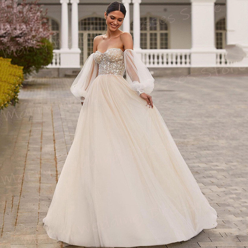 Женское свадебное платье It's yiiya, белое элегантное платье трапециевидной формы с кружевной аппликацией и пышными рукавами на лето 2019