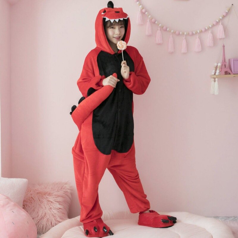 Combinaison de nuit de dinosaure rouge pour femme, vêtements de nuit moelleux, vêtements de maison confortables et résistants au froid