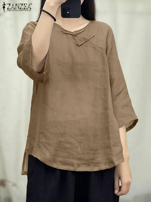Модная женская блузка ZANZEA с круглым вырезом, рукавом 3/4, асимметричным подолом, женские блузы 2023, винтажная Осенняя рубашка, повседневные однотонные хлопковые топы