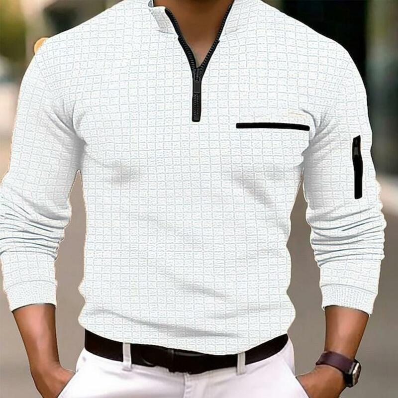 Camisa colorida patchwork manga comprida masculina, gola gola, zíper de braço, camiseta de bolso, roupa casual masculina, moda