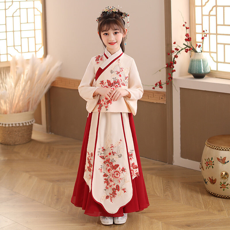 Костюм Тан для девочки, новинка 2024, китайский новый год, Милая юбка с красным цветочным принтом, традиционная китайская одежда в древнем стиле