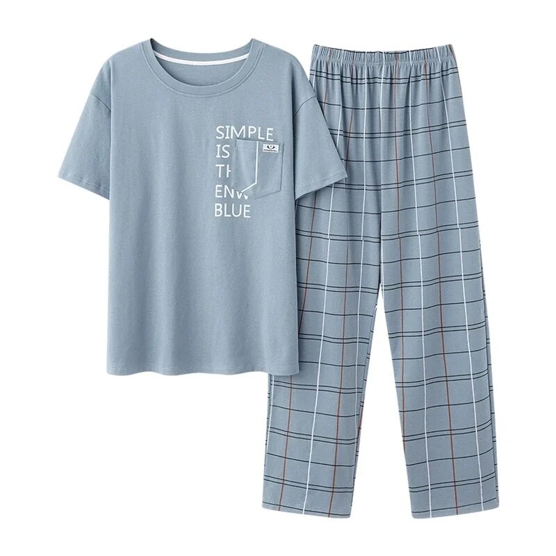 Новая летняя модная мужская одежда для сна из мягкого хлопка, пижамный комплект для джентльмена с круглым воротником, серая простая свободная одежда для отдыха для молодых мужчин