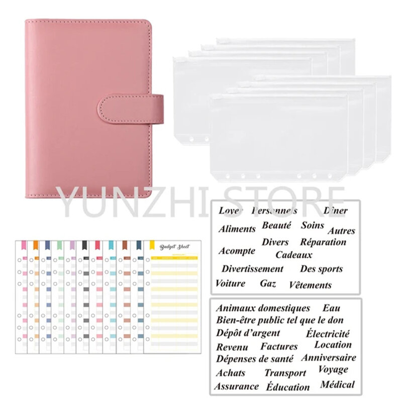A6 Budget Binder ชุดโน้ตบุ๊ค DIY Diary Planner Organizer 8Pcs กระเป๋าโรงเรียนผู้ผลิต2Pcs ภาษาฝรั่งเศสคำสติกเกอร์ตัวอักษร