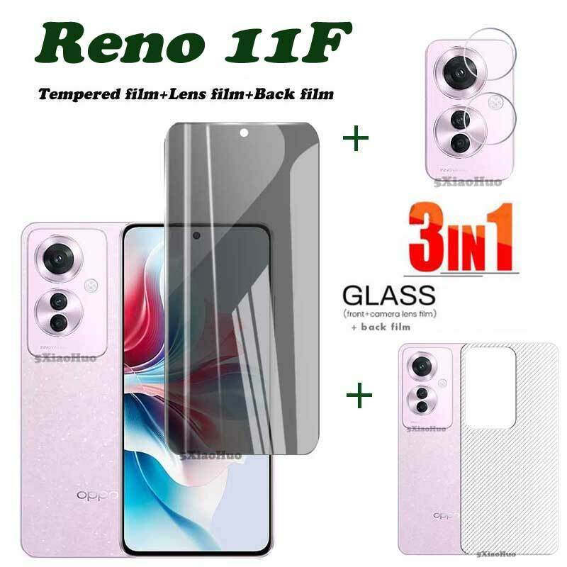 Film de verre anti-espion 3 en 1 pour Reno 11F, protection d'écran + film d'objectif + film arrière