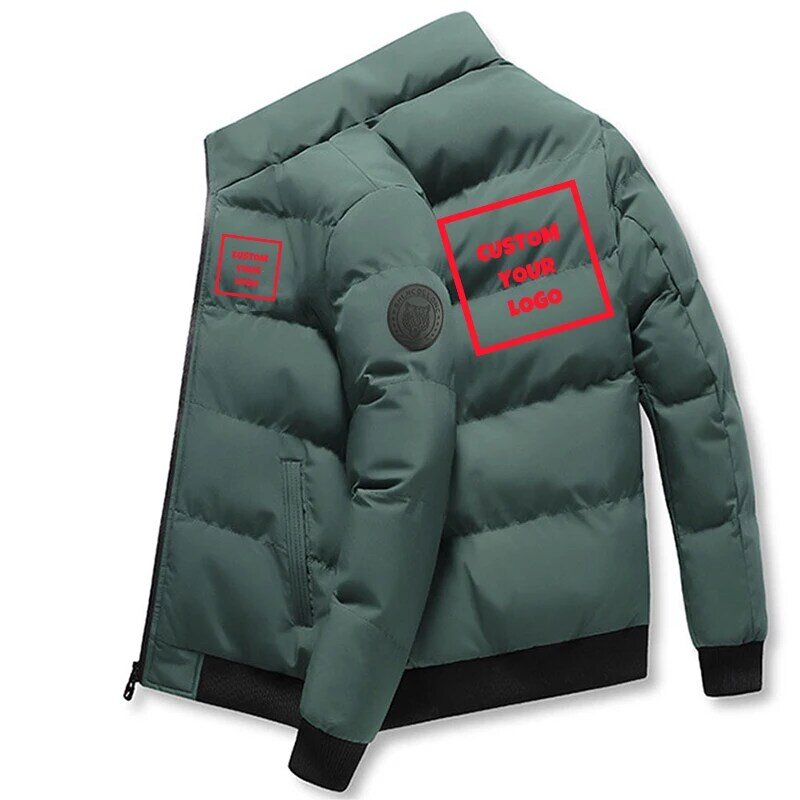 Jaqueta de algodão com gola em pé masculina, casaco com zíper, quente e espesso, moda casual, logotipo personalizado, inverno