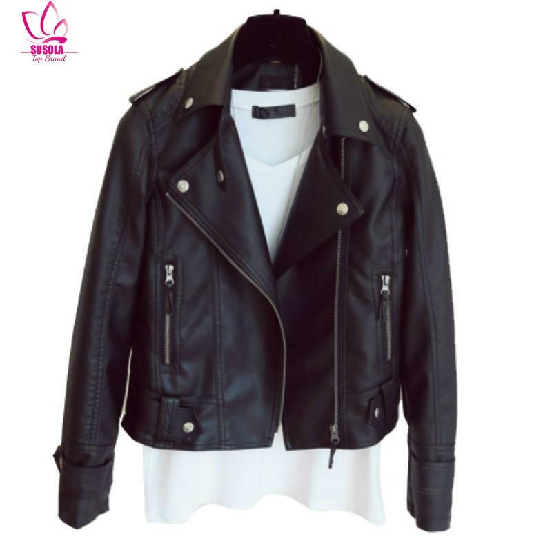 Jaqueta de couro PU feminina, casaco de couro macio falso preto fino, zíper rebite, jaquetas de motocicleta, novo design, primavera, outono