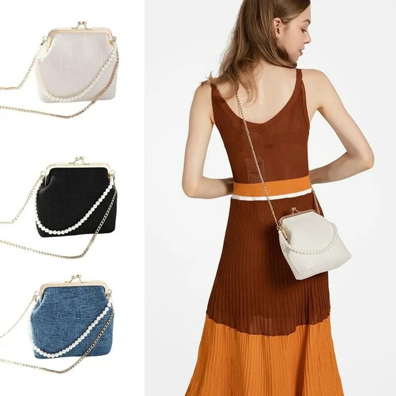 Pearl Chain Shell Bag Fashion Canvas Mini Shoulder Bag Pearl Chain Handbag Girls