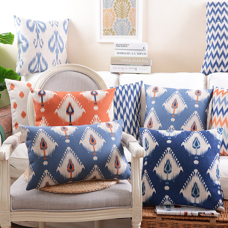 Funda de almohada de lino para el hogar, cubierta de cojín decorativa de Ikat, azul, rojo, naranja, Zigzag, puntos geométricos abstractos, 45x45cm, 30x50cm