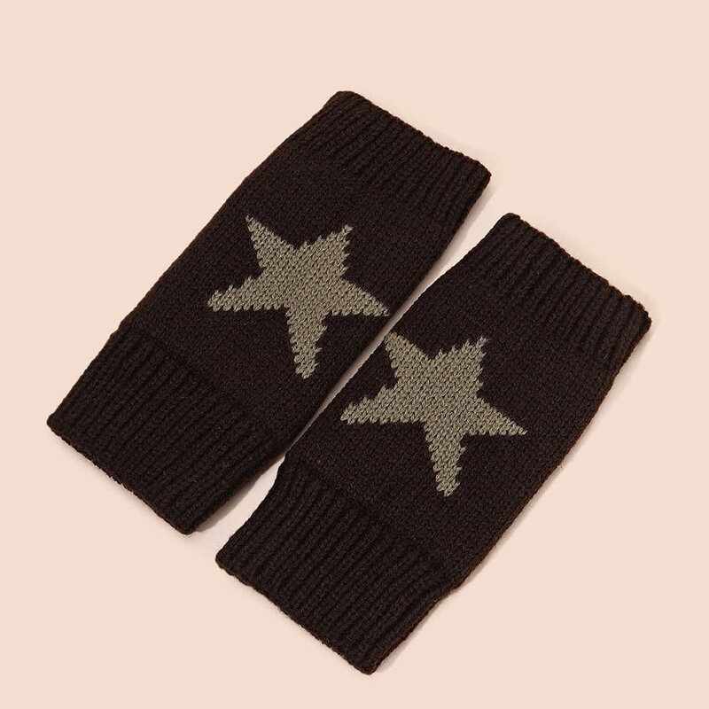 Winter Knitted Gloves Warm Woolen Fingerless Gloves Y2K Women's Arm Gloves Writing Mittens Five Pointed Star Knitting Guantes
