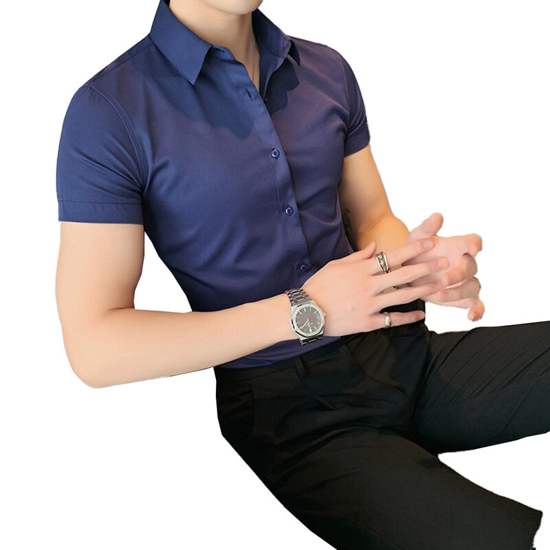 Nyaman kemeja Fashion blus pria, kemeja Formal Polyester reguler lengan pendek Slim Fit warna Solid pria