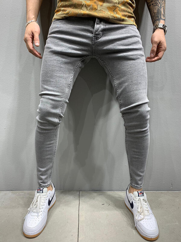 กางเกงยีนส์ผู้ชายผ้ายีนส์กางเกงรัดรูปสูงระดับข้อเท้ายาวสลิมฟิตมีกระเป๋ายืดเล็กน้อยเอวสูงแบบสตรีท2024