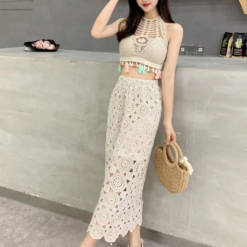 Boring Honey Y2K Solid Colors Chic And Elegant Woman Set Edible Tree Fungus Tassels Tank Tops Women Hollow Out Sexy Skirt