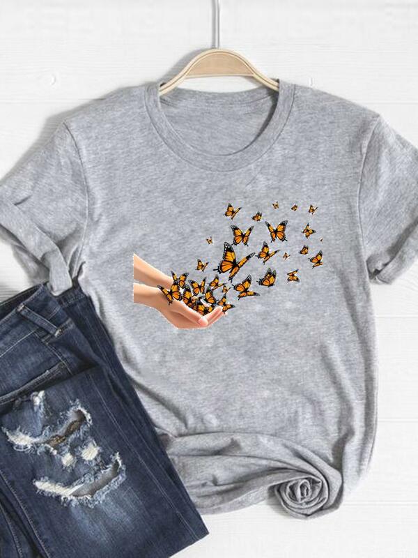Camiseta con estampado de mariposa y flores, ropa básica para mujer, camiseta de verano, Camiseta estampada de manga corta a la moda
