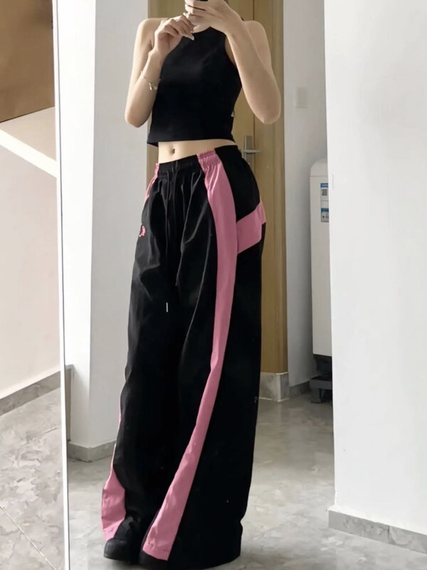 HOUZHOU-Calças de paraquedas femininas, perna larga, estilo hip-hop, calças rosa, estética larga, streetwear coreano, casual, grandes dimensões, Y2k