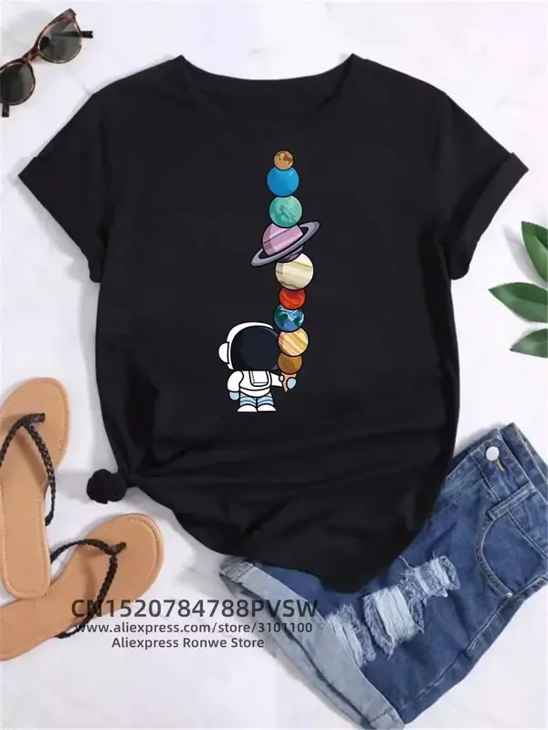 여성용 재미있는 달 우주 행성 프린트 티셔츠, 캐주얼 라운드넥 반팔 의류, 여성용 빈티지 상의