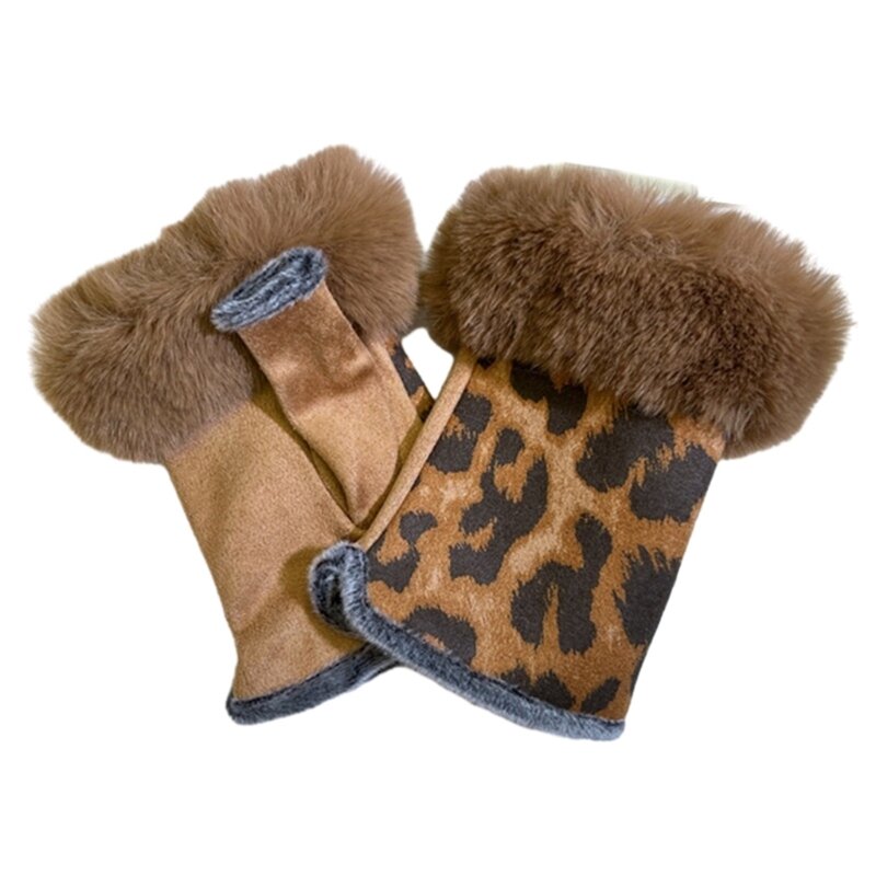 1 Pair Half Finger Gloves Leopard Print Suedes Leather Rabbit Furs Mittens Fingerless Gloves Soft Plush Warm DropShipping