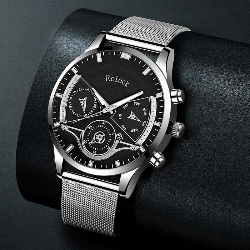 Jam tangan kalender pria, 3 buah Set Fashion gelang perak bisnis kalung sayap sabuk jala Stainless Steel kuarsa