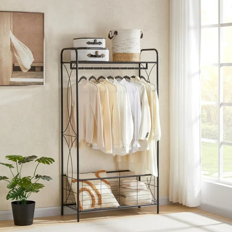 Free-Standing Garment Rack,Open Wardrobe Stand Clothing Rod for Closet,Hanging Rail with Metal Basket
