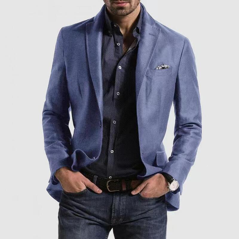 Blazer masculino de manga comprida, jaqueta casual, lapela, botões decoração, bolso, moda