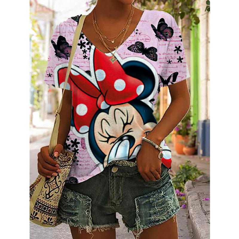 Летняя Повседневная Свободная Женская футболка с рисунком Микки Мауса из Диснея, топ с графическим принтом и V-образным вырезом, модная одежда большого размера с 3d принтом