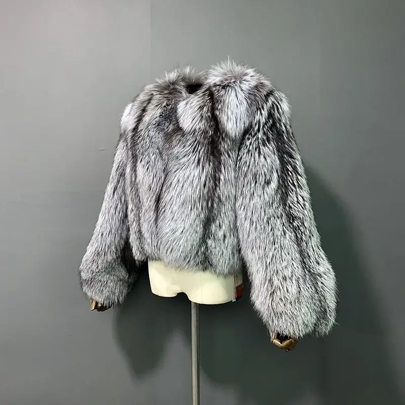 女性のための本物のキツネの毛皮のジャケット、革全体、シルバー、rf22113