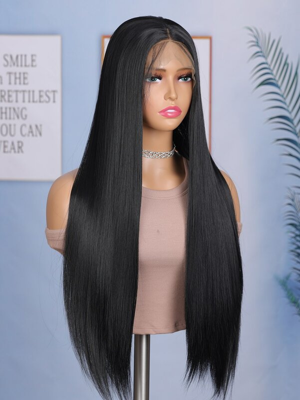 Synthetic Lace Front Wig For Black Women Long Straight Middle Part Wig 28 inches High Temperature Black Cosplay Wigs