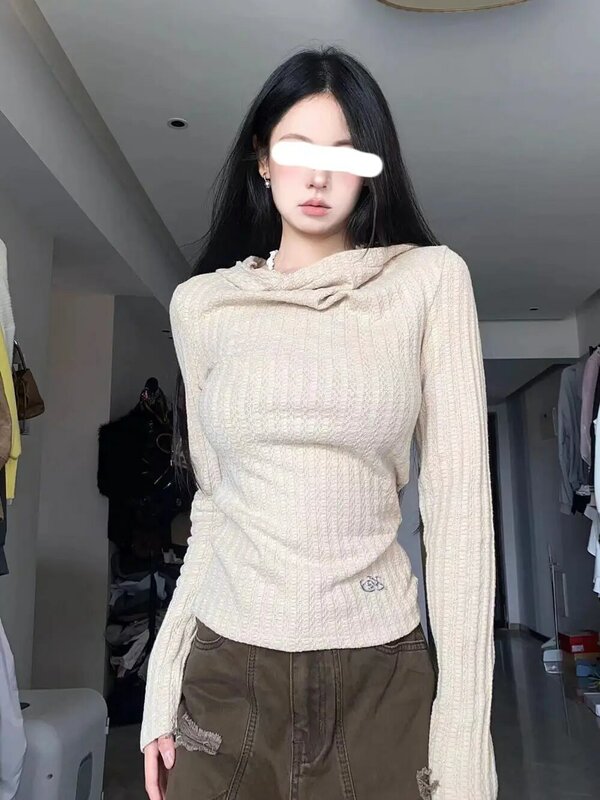 Y2k 슬림핏 후드 긴팔 여성 얇은 니트 셔츠, 빈티지 솔리드 슬림 웨이스트 상의, 가을