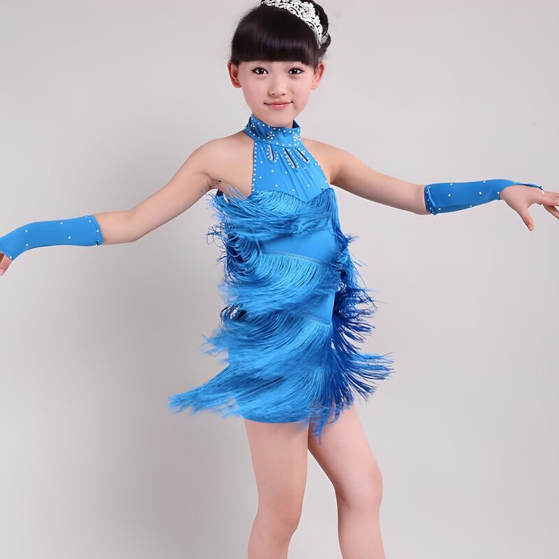 Dzieci dziewczyny tańczą stroje do tańca brzucha Tango spódnica karnawałowa odzież taneczna Latin Salsa kostiumy z frędzlami sukienka do tańca