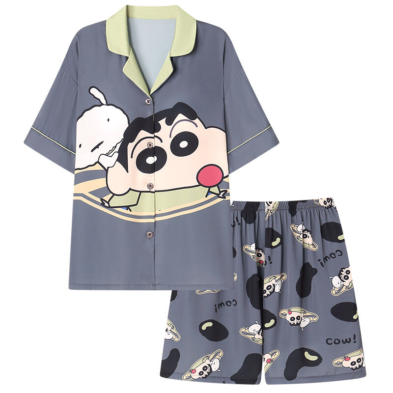 Ins niedlichen Wachs mal stift Xiaoxin Eis Seide Pyjama für Frauen mit Brust polstern Sommer Luxus Strickjacke kurze Ärmel tragen nach Hause Wut