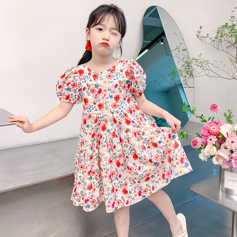 Kids Girls' Summer Puffy Dress Korean Style Sweet Princess Party Dress Ruffled Design Skin-friendly Resort Style Girls Dress