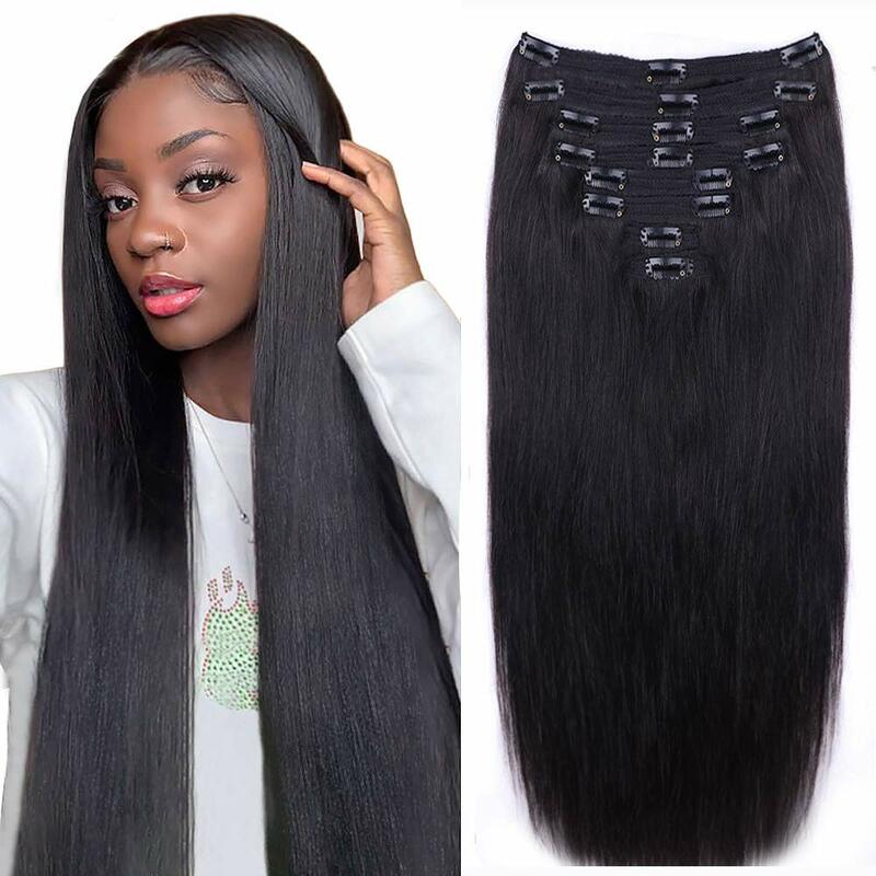 Clip In Hair Extensions Straight Human Hair Full Head Brazilian Virgin Hair Natural Black Clip Ins Remy Hair For Salon  Color 1B