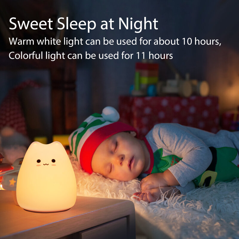 Mini Kawaii Populaire Kat Baby Nachtlamp 7 Kleuren Pat Touch Kleur Veranderende Oogbescherming Slaapkamer Nachtlampje Nachtlampje Kinderen