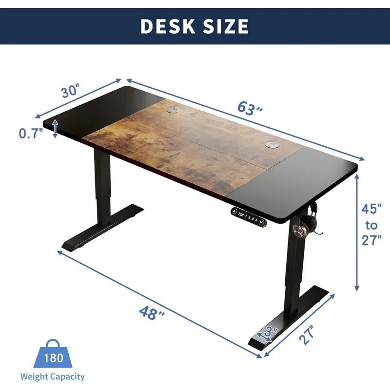 Meja berdiri tinggi dapat disesuaikan, meja berdiri listrik 63x30 inci dengan pengontrol memori, dudukan kantor rumah dengan sambungan
