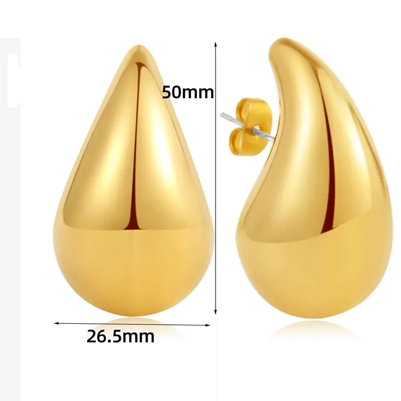 Big Water Drop Metal Earrings, Dupes Grandes, Grosso e Leve, Joia em Aço Inoxidável, Banhado a Ouro 18K, Exagerado, 50mm, Novo