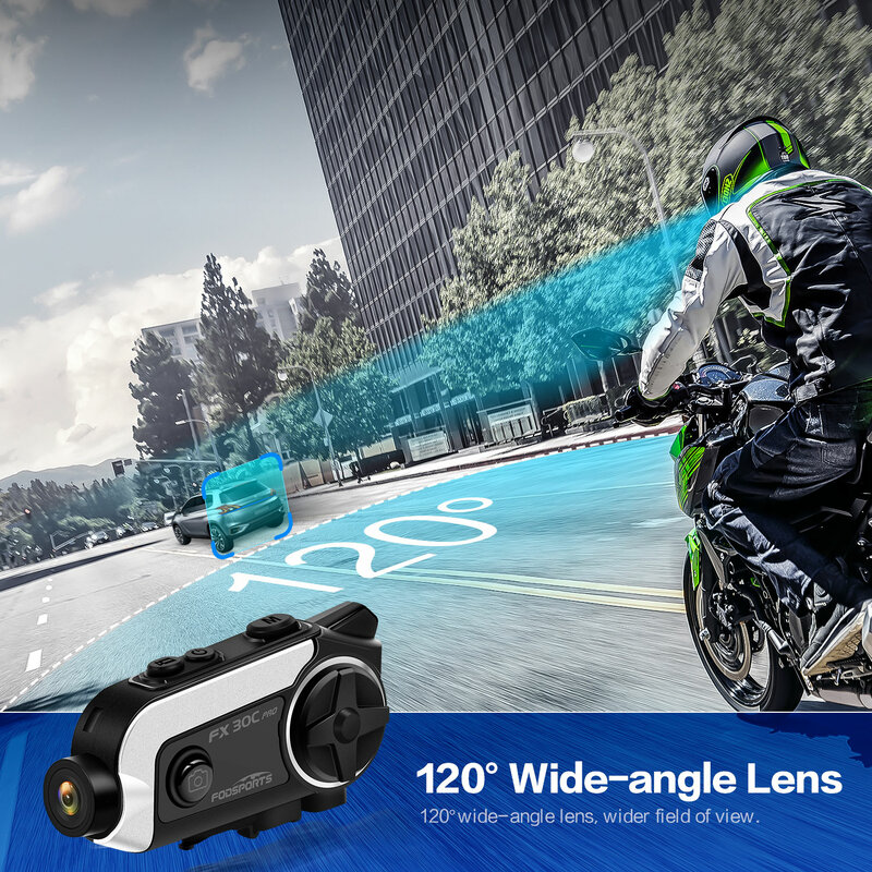 Fodsports FX30C Pro Bluetooth5.0 interfono per casco con fotocamera DVR videoregistratore per moto condivisione di musica 2 Riders Radio FM da 1000m