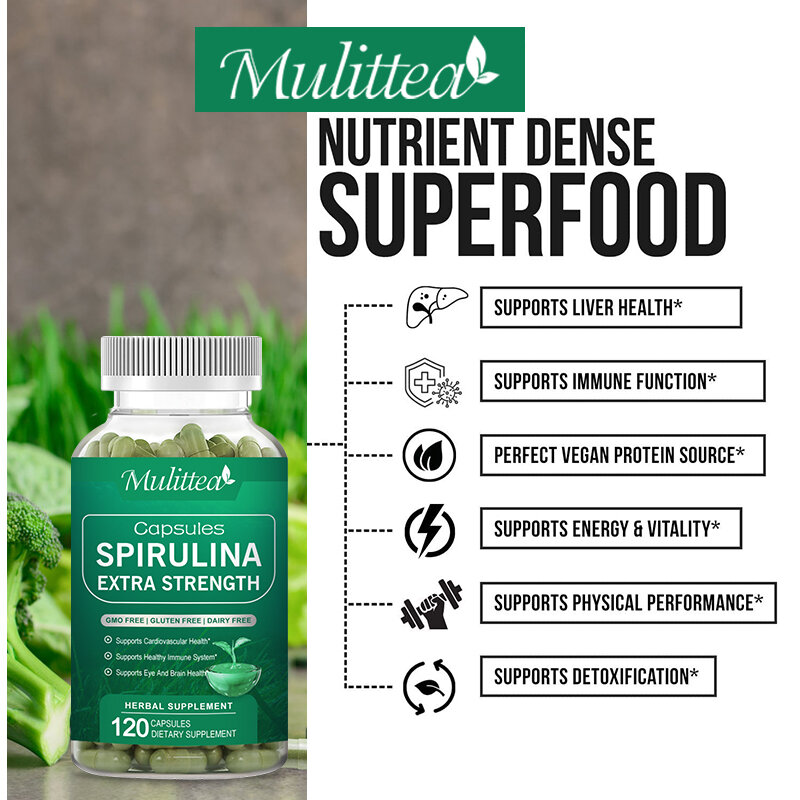 Mulittea High Purity Spirulina Capsules Green Superfood Heart Support Cardiovascular Eye &Brain Health freeshipping