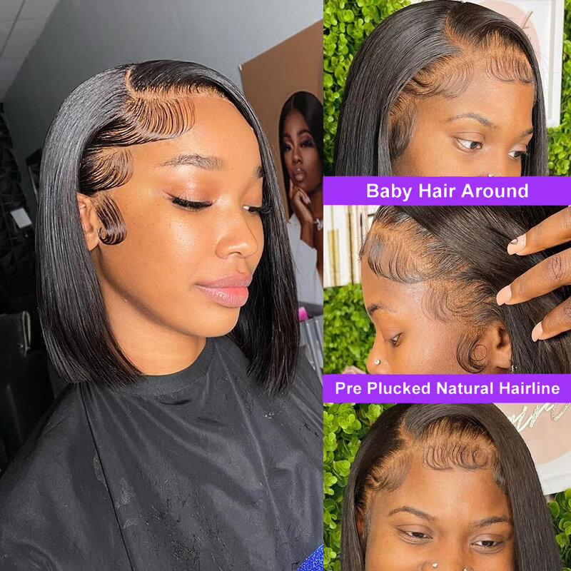 Perruque Bob Lace Front Wig Remy Brésilienne Naturelle, Cheveux Courts, Lisses, 13x4, 4x4, Pre-Plucked, pour Femme Africaine