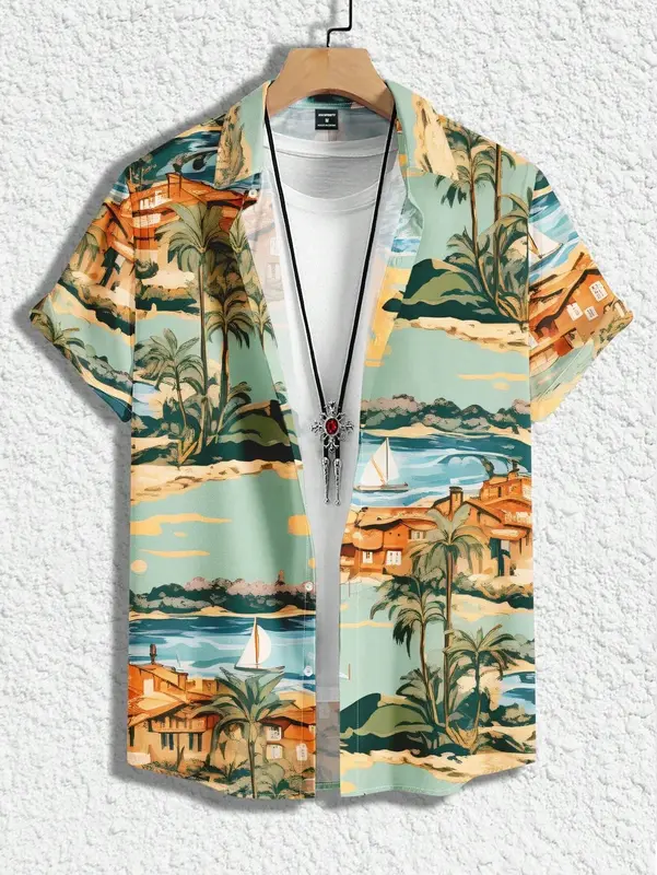 Camisa con estampado de palmera para hombre y mujer, camisa con solapa lateral, nieformalna, de manga corta, con botones, a la moda