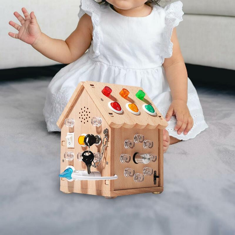 Wooden House Busy Board Montessori Toy Indoor Play Game Preschool Learning Kids Activity Sensory Board Toy for Toddlers Age 3 +