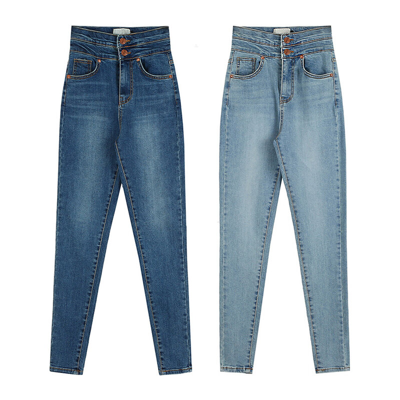 Calças de brim de lápis de estiramento feminino chique dois botões de cintura alta magro lápis jeans senhora streetwear casual calças de brim fino