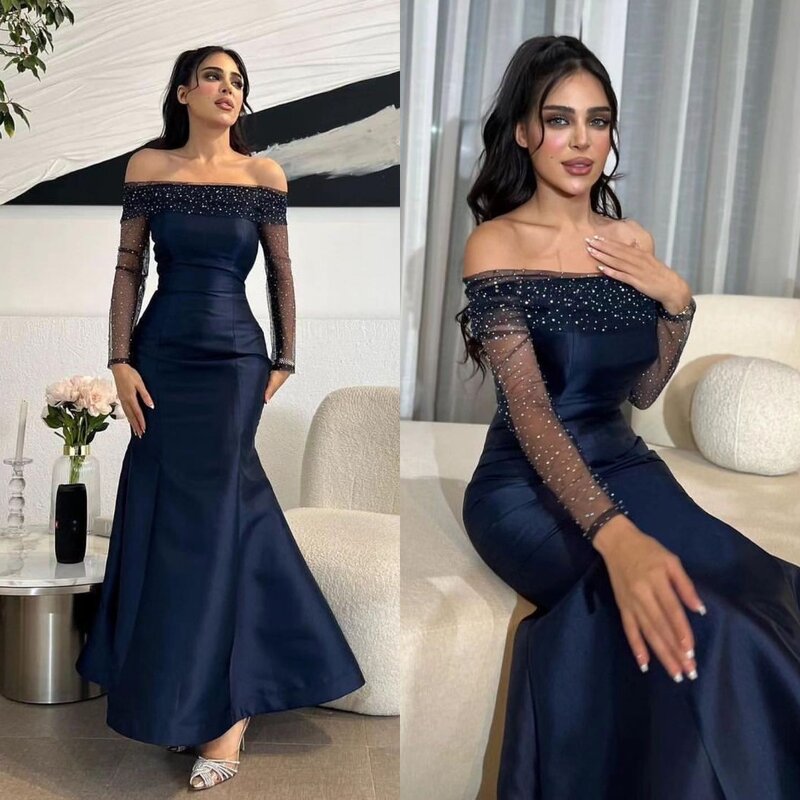 Satin Draped Pleat Sequined Christmas Mermaid Off-the-shoulder Bespoke Occasion Gown Midi Dresses