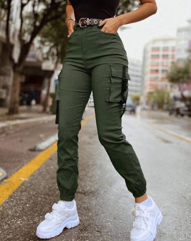 Женские длинные брюки с карманами, Дизайнерские повседневные облегающие брюки-карго с завышенной талией и манжетами, 2023