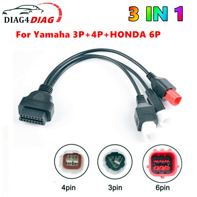 Motocicleta Diagnostic Connector Cable, Cabo de extensão do motor para Yamaha, 3Pin, 4Pin para Honda, 6Pin, OBD2 Cable Adapter, OBD 2, 3 em 1