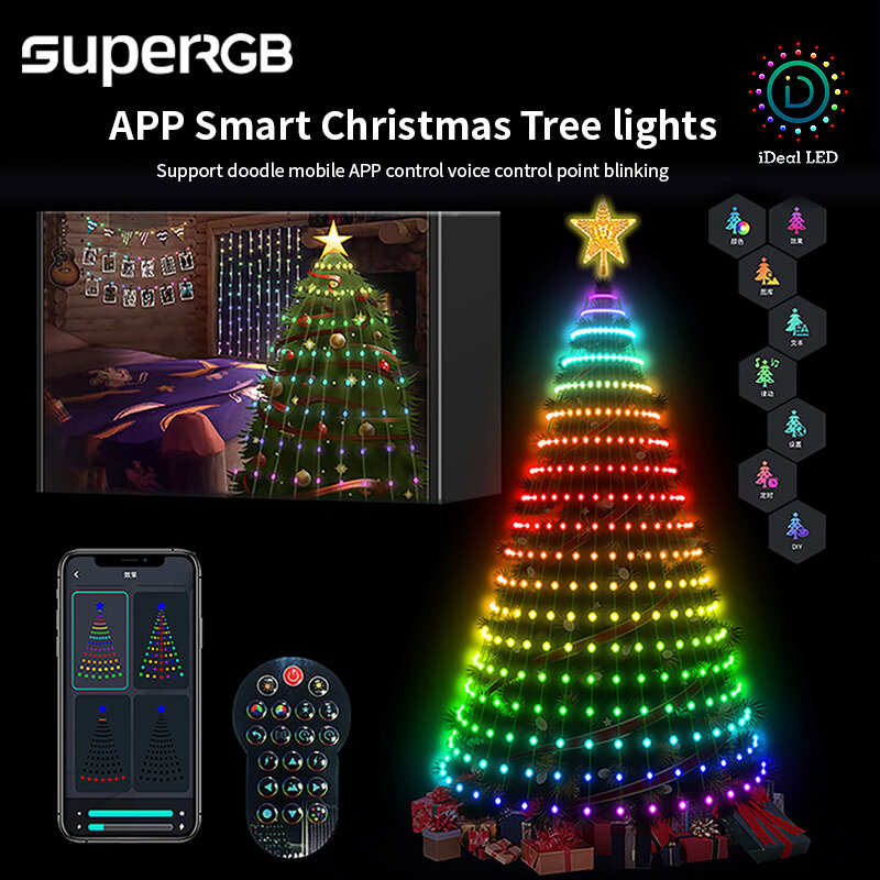 Smart LED Árvore de Natal Toppers, RGB String Luz, Controle Bluetooth, Star String, Cachoeira, App, DIY Imagem, Natal