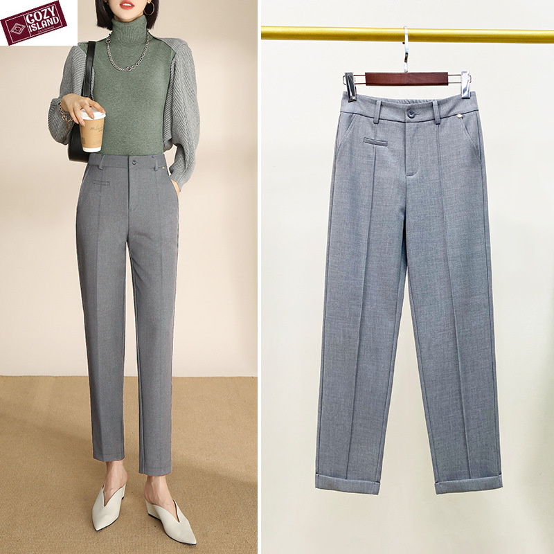Tailored Trousers Pencil Pants Women Summer Gray Commuting Professional Black Curling Cigarette Straight Leg High Waist Cropped