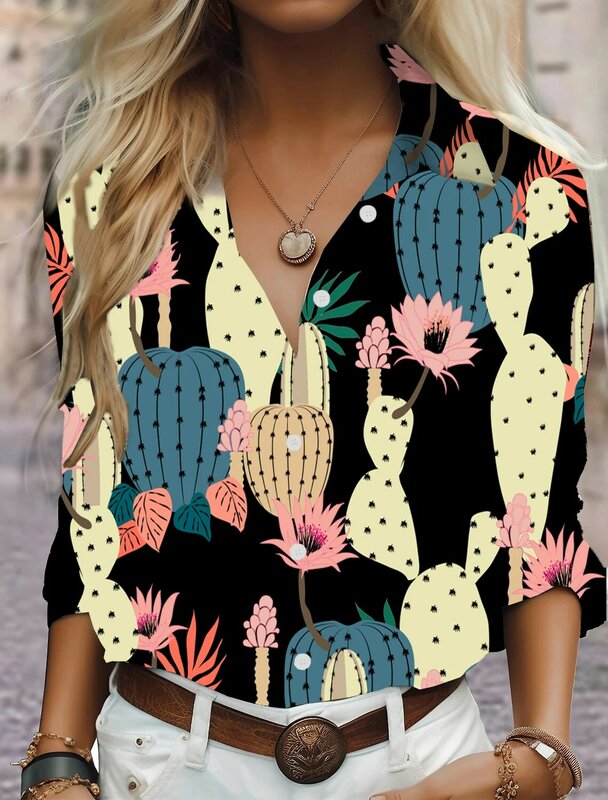 Женская рубашка с длинным рукавом, Повседневная Удобная дышащая рубашка с цветочным принтом и пуговицами, 2024